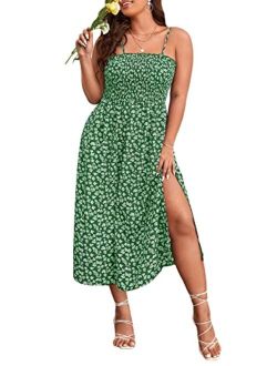 Summer Dresses for Women Plus Size Ditsy Floral Print Shirred Split Hem Cami Dress