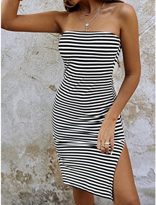 SOLY HUX Women's Strapless Striped Tube Dresses Casual Summer Sun Dress Split Thigh Bodycon Midi Dresses