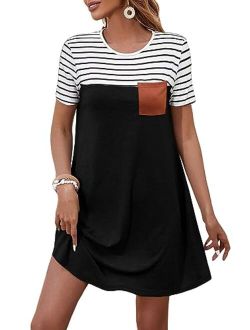 Women's Striped Short Sleeve Tshirt Dresses Colorblock Button Summer Dress