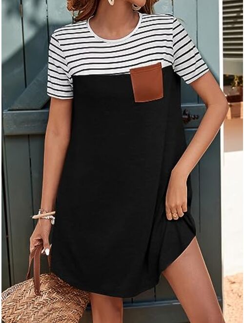 SOLY HUX Women's Striped Short Sleeve Tshirt Dresses Colorblock Button Summer Dress