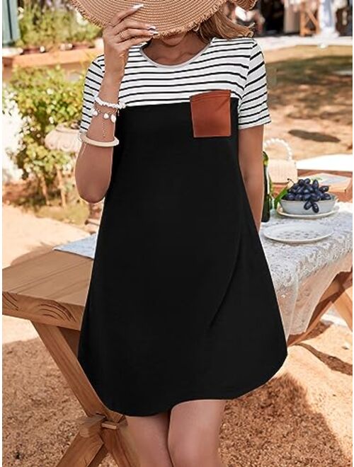 SOLY HUX Women's Striped Short Sleeve Tshirt Dresses Colorblock Button Summer Dress