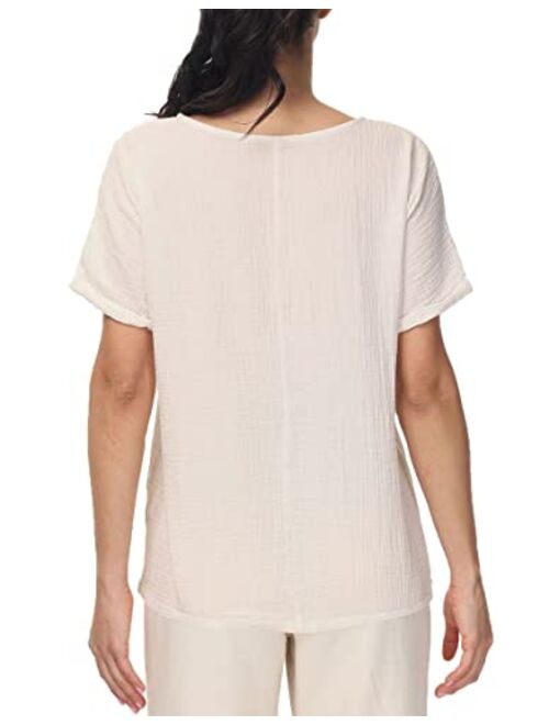 Soojun Women's Cotton Linen Round Collar Boxy Top Patchwork Blouses