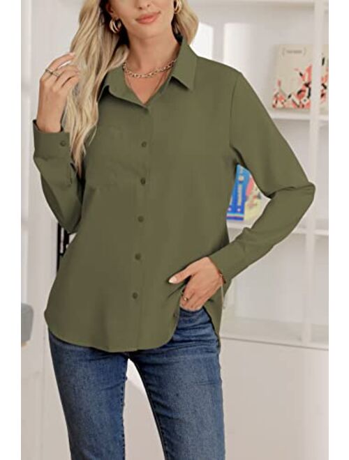 AISEW Womens Casual Button Down Shirts V Neck Chiffon Long/Short Sleeve Collared Office Work Blouses Tops with Pocket