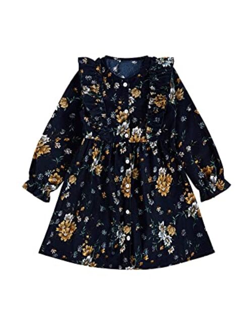 SOLY HUX Toddler Girl's Floral Print Button Front Ruffle Trim Long Sleeve Corduroy Dress