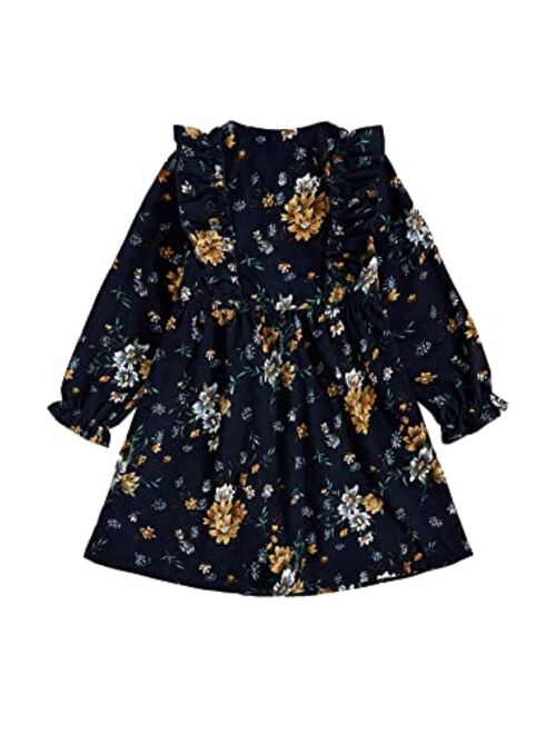 SOLY HUX Toddler Girl's Floral Print Button Front Ruffle Trim Long Sleeve Corduroy Dress