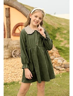 Ownmeen Girls Long Sleeve Corduroy Casual Dresses Doll Collar Button Down Fall Winter Pullover Outfits Clothes 5-14 Years