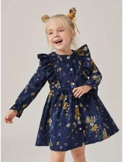 Kids EVRYDAY Toddler Girls Floral Print Flounce Sleeve Ruffle Trim Corduroy Dress