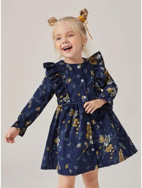 SHEIN Kids EVRYDAY Toddler Girls Floral Print Flounce Sleeve Ruffle Trim Corduroy Dress