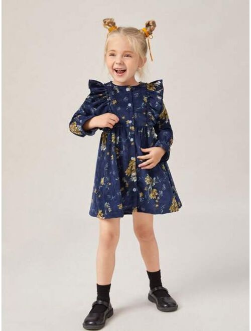 SHEIN Kids EVRYDAY Toddler Girls Floral Print Flounce Sleeve Ruffle Trim Corduroy Dress