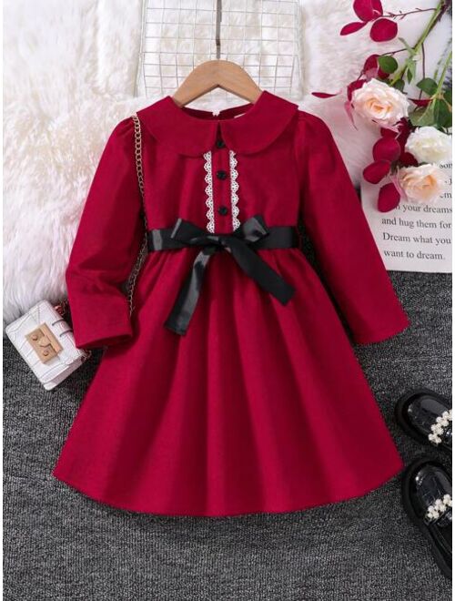 Shein Young Girl Peter Pan Collar Lace Trim Belted Dress