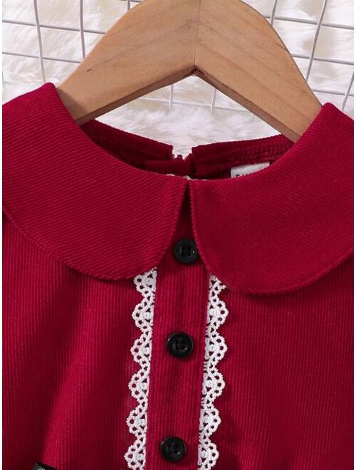 Shein Young Girl Peter Pan Collar Lace Trim Belted Dress