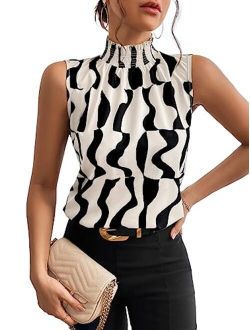 Women's Allover Print Mock Neck Shirred Sleeveless Blouse Summer Tops