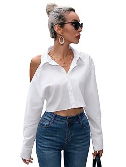 Women's Cold Shoulder Long Sleeve Button Down Shirt Casual Crop Top Blouse