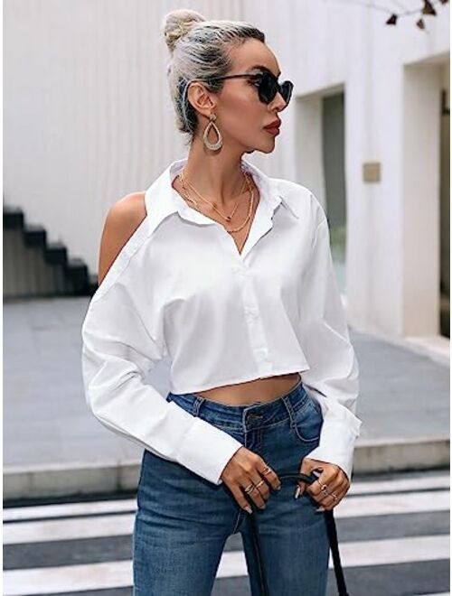 SOLY HUX Women's Cold Shoulder Long Sleeve Button Down Shirt Casual Crop Top Blouse