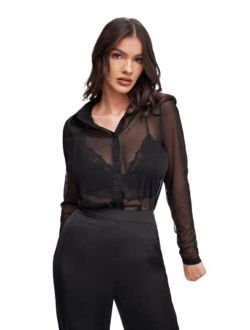 Women's Sheer Mesh Long Sleeve Button Down Shirt See Through Blouse Top