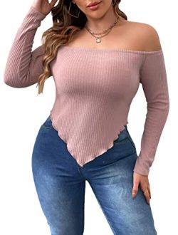 Women's Plus Off Shoulder Long Sleeve Tee Shirts Lettuce Trim Asymmetrical Hem Blouse Tops