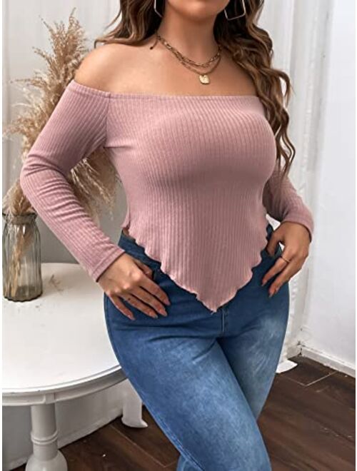 SOLY HUX Women's Plus Off Shoulder Long Sleeve Tee Shirts Lettuce Trim Asymmetrical Hem Blouse Tops