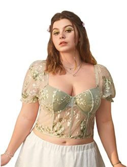 Women's Plus Size Floral Sheer Bustier Crop Top Sweetheart Neck Puff Short Sleeve Sexy Tee Shirt
