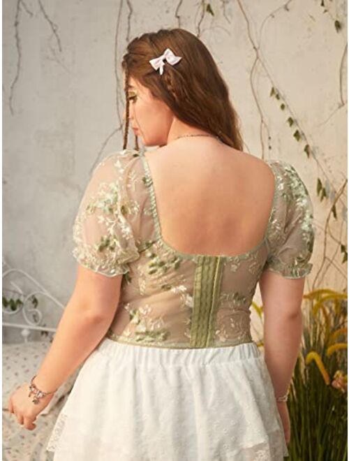 SOLY HUX Women's Plus Size Floral Sheer Bustier Crop Top Sweetheart Neck Puff Short Sleeve Sexy Tee Shirt