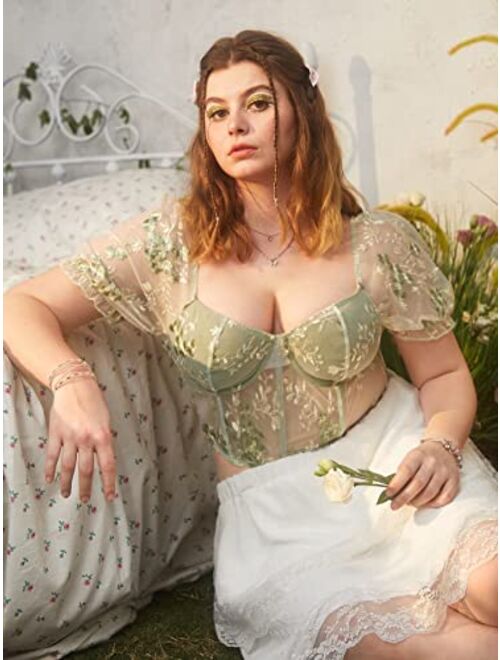 SOLY HUX Women's Plus Size Floral Sheer Bustier Crop Top Sweetheart Neck Puff Short Sleeve Sexy Tee Shirt