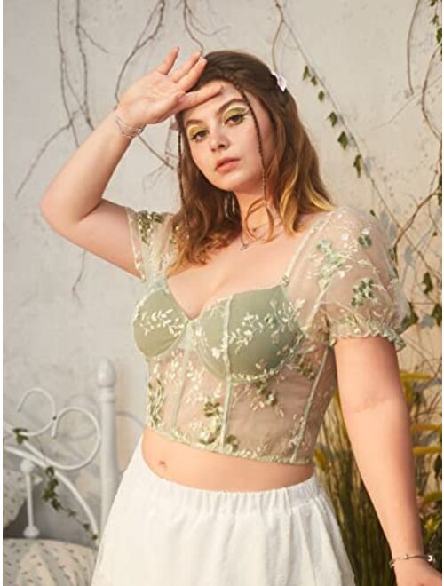 SOLY HUX Women's Plus Size Floral Sheer Bustier Crop Top Sweetheart Neck Puff Short Sleeve Sexy Tee Shirt