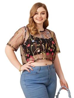 Women's Plus Size Sheer Mesh Floral Print Crop Tops Tee Sexy See Through Short Sleeve T Shirt Blouse