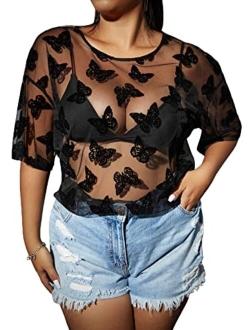 Women's Plus Size Sheer Mesh Floral Print Crop Tops Tee Sexy See Through Short Sleeve T Shirt Blouse