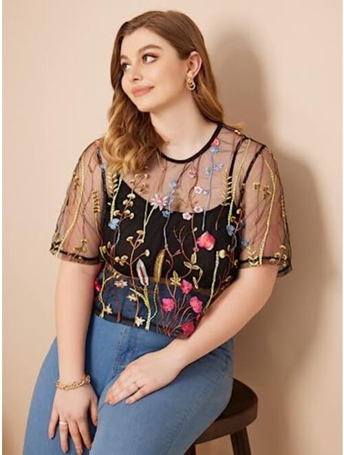 SOLY HUX Women's Plus Size Sheer Mesh Floral Print Crop Tops Tee Sexy See Through Short Sleeve T Shirt Blouse