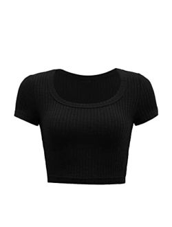 Women's Scoop Neck Short Sleeve Tee T Shirts Knitted Casual Summer Crop Tops