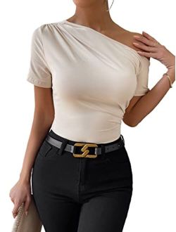Women's Short Sleeve Asymmetrical Neck Ruched Side T Shirt Summer Tee Tops