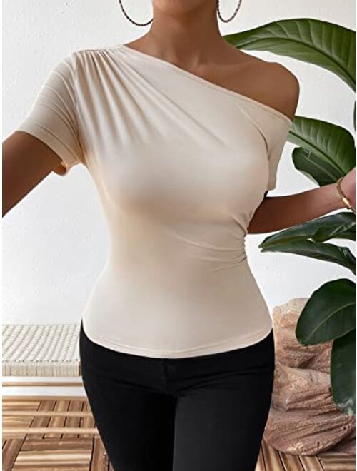 SOLY HUX Women's Short Sleeve Asymmetrical Neck Ruched Side T Shirt Summer Tee Tops