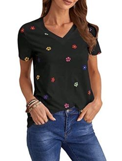 Women's Floral Print V Neck Short Sleeve T Shirt Summer Tee Tops