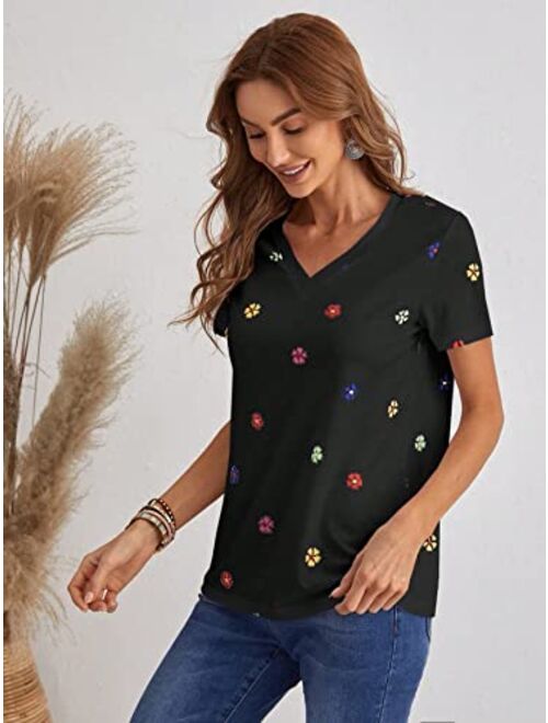 SOLY HUX Women's Floral Print V Neck Short Sleeve T Shirt Summer Tee Tops