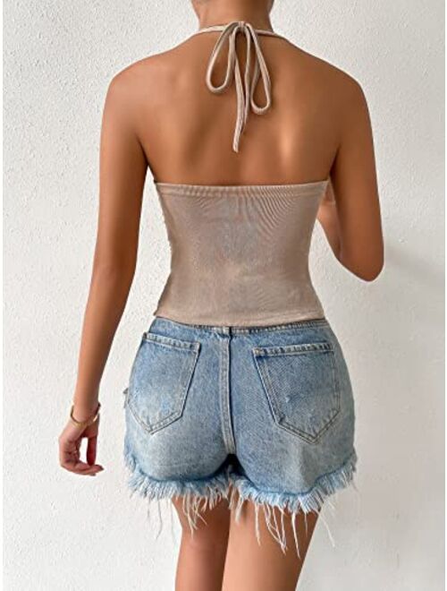 SOLY HUX Women's Cowl Neck Halter Tie Backless Ruched Cami Crop Top Sleeveless Tops