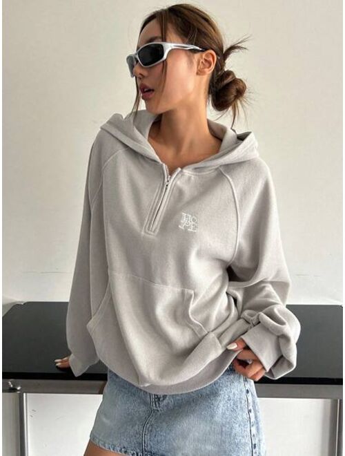 DAZY Letter Embroidery Raglan Sleeve Half Zip Hoodie