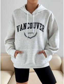 EZwear Letter Graphic Drop Shoulder Drawstring Thermal Hoodie