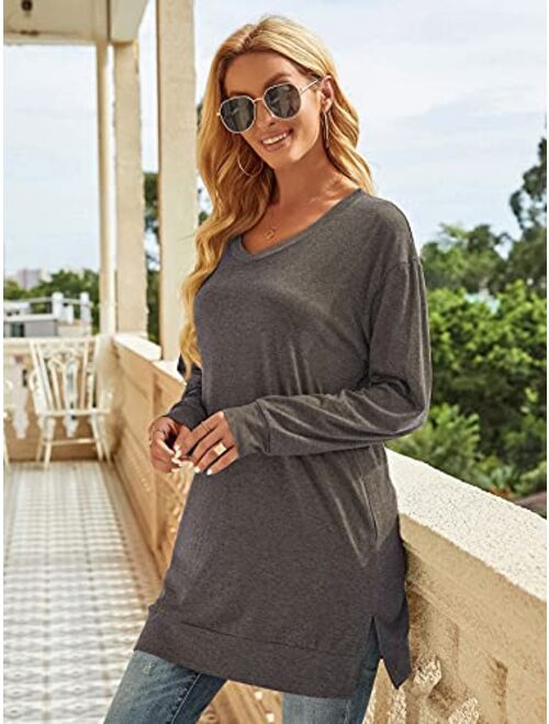 XUERRY Womens Casual V-Neck Solid Color Long Sleeves with Pocket Sweatshirt Tunics Blouse Tops