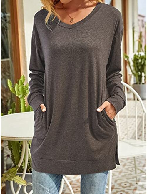 XUERRY Womens Casual V-Neck Solid Color Long Sleeves with Pocket Sweatshirt Tunics Blouse Tops