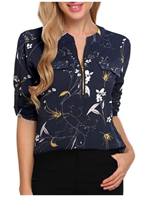 ANGVNS Women's V Neck Chiffon Blouse Zip Front Work Casual Top 3/4 Roll Sleeve Floral/Solid Tunic Dress Shirts