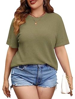 Women's Plus Size Short Sleeve Tee Round Neck Waffle Knit T Shirts Tops