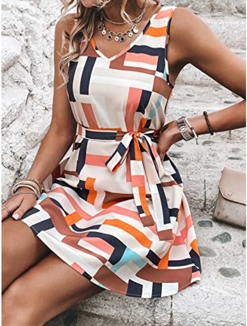 SOLY HUX Women's Geo Print V Neck Belted A Line Mini Dress Sleeveless Summer Swing Tank Dresses