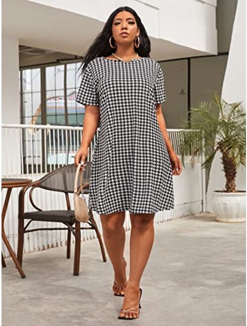 SOLY HUX Women's Plus Houndstooth Print Round Neck Short Sleeve Casual Dress