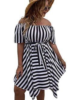 Plus Size Women Summer Sexy Off The Shoulder Striped Short Sleeve Asymmetrical Belted Mini Sundresses