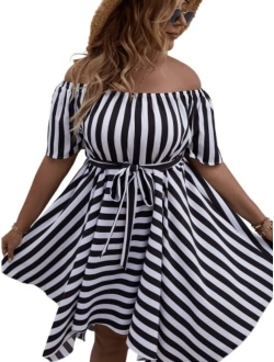 Plus Size Women Summer Sexy Off The Shoulder Striped Short Sleeve Asymmetrical Belted Mini Sundresses