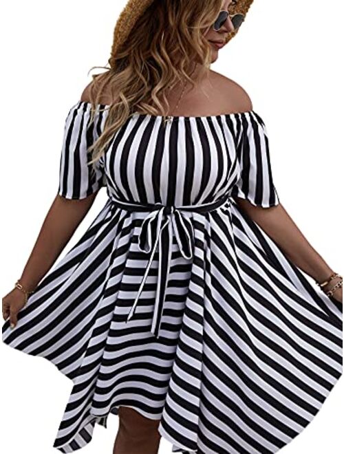 SOLY HUX Plus Size Women Summer Sexy Off The Shoulder Striped Short Sleeve Asymmetrical Belted Mini Sundresses