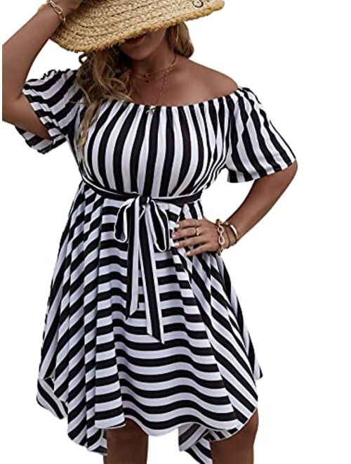 SOLY HUX Plus Size Women Summer Sexy Off The Shoulder Striped Short Sleeve Asymmetrical Belted Mini Sundresses