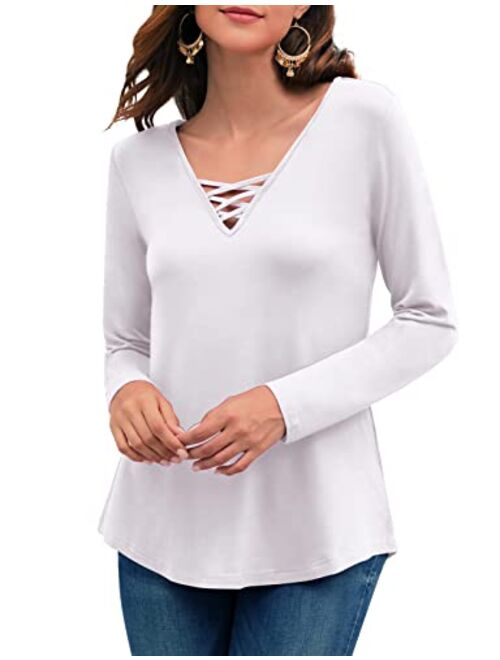 Feiersi Womens Casual Long Sleeve Criss Cross Tunic Tops Loose Blouse Shirt