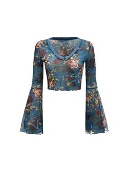 Women's Vintage Floral Print Lace Trim Crop Tops Mesh V Neck Bell Long Sleeve Tee T Shirt