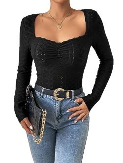 Women's Long Sleeve T Shirts Sweetheart Neck Ruched Tops Eyelet Basic Shirt Slim Fitted Tee