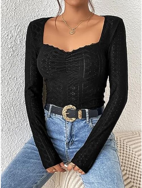 SOLY HUX Women's Long Sleeve T Shirts Sweetheart Neck Ruched Tops Eyelet Basic Shirt Slim Fitted Tee